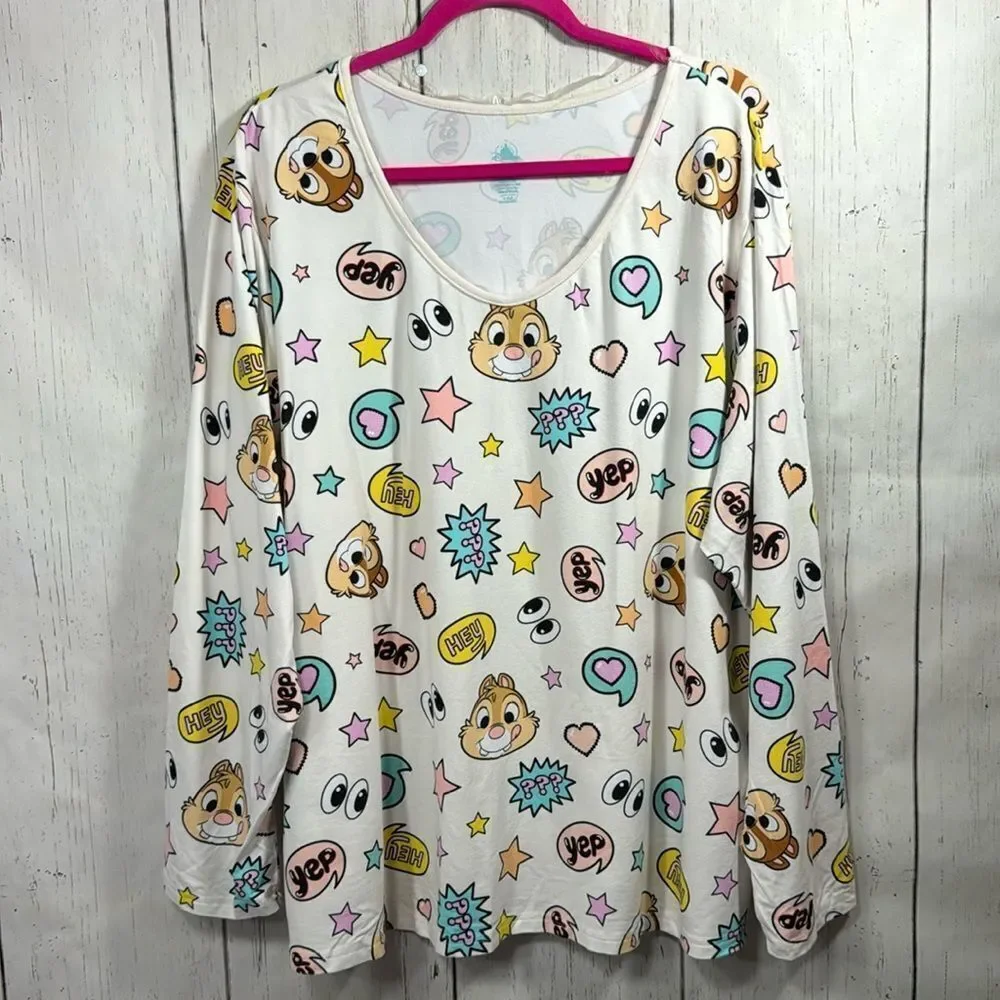 Disney Chip And Dale Graphic Organic Cotton Blend Long Sleeve Pastel Pajama Top